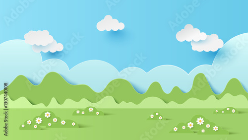 Vector illustration of park scenery with mountain and cloud sky on a sunny day. Paper cut and craft style illustration