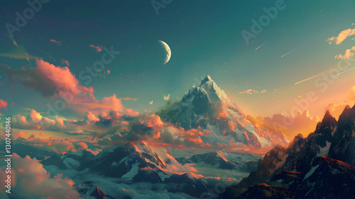 Snowy Mountain Peak at Sunset with Starry Sky
