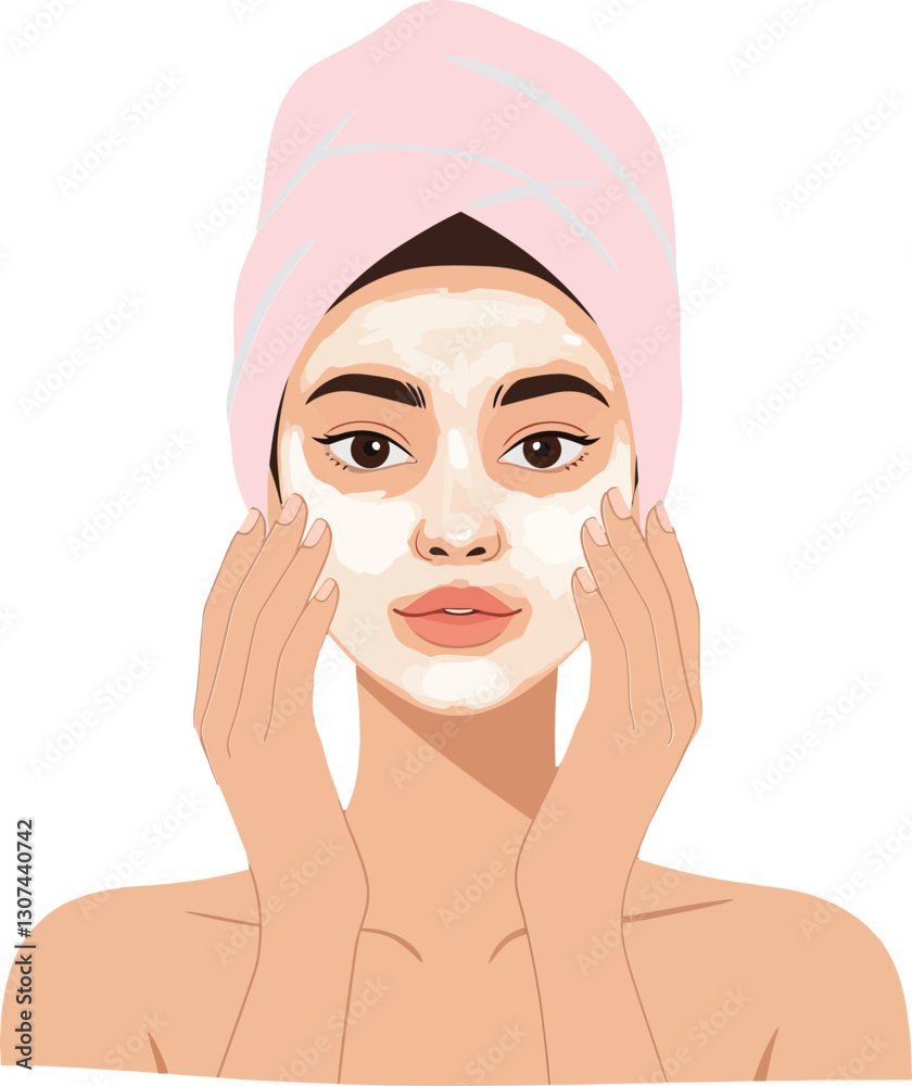 A woman applying face mask with gentle hands while wearing a pink towel, in a minimal flat design vector illustration promoting skincare and self-care routines
