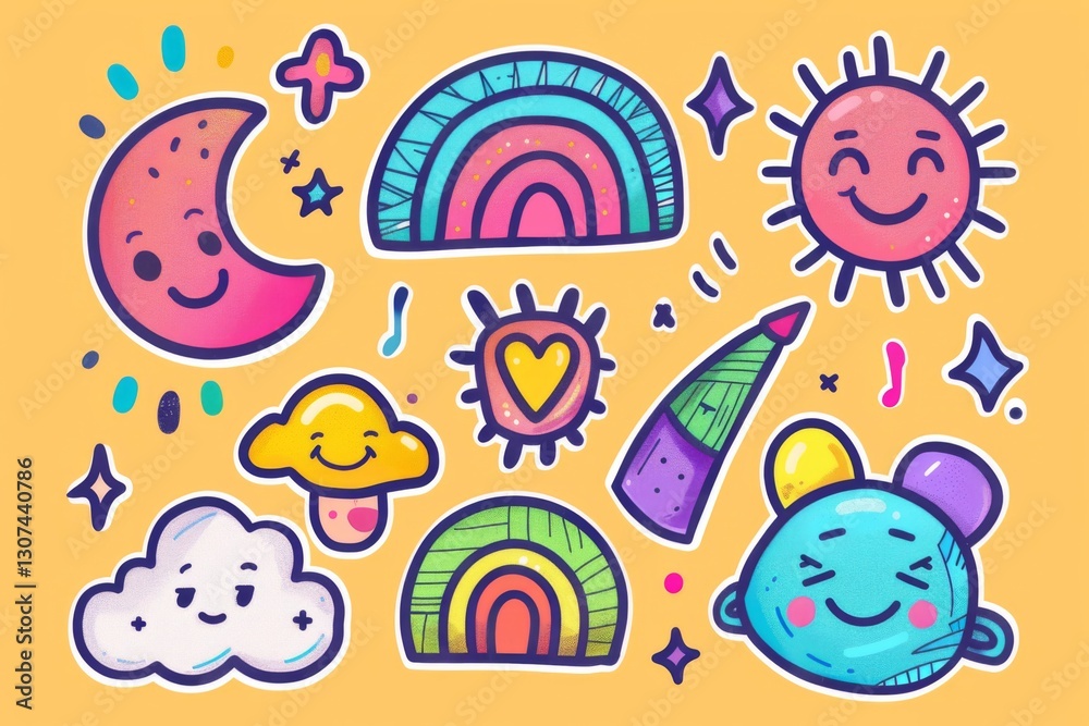 Colorful doodle stickers with happy faces and rainbows on yellow background Colorful doodle stickers with happy faces and rainbows on yellow background