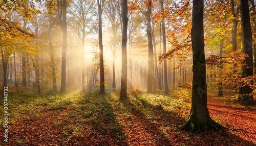 beautiful autumn mood in a forest in autumn with fog and sunshine with the rays of sunlight illuminating the mist behind the tree trunks wide panorama