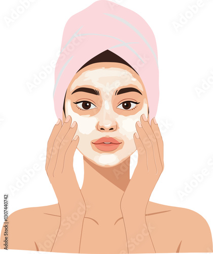 Obraz na płótnie A woman applying face mask with gentle hands while wearing a pink towel, in a minimal flat design vector illustration promoting skincare and self-care routines w salonie