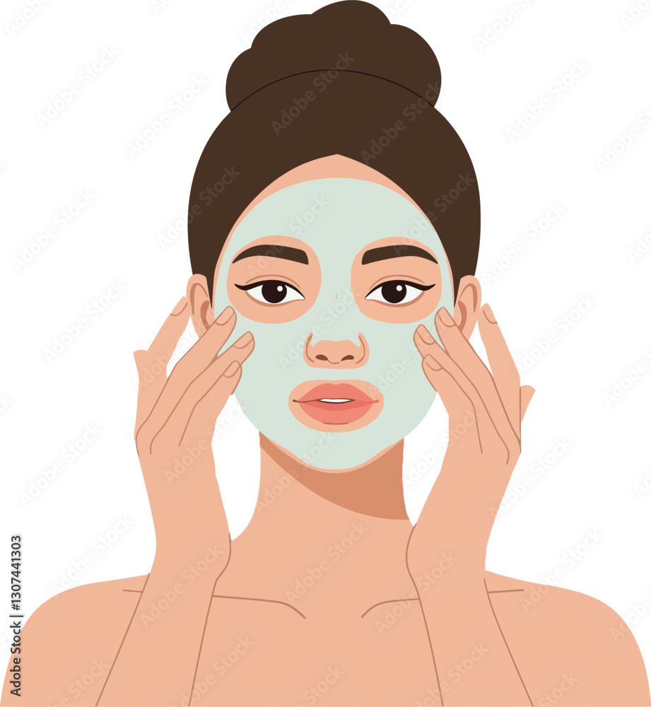 Woman applying a soothing green face mask while enjoying a self-care routine in a minimal flat design vector illustration