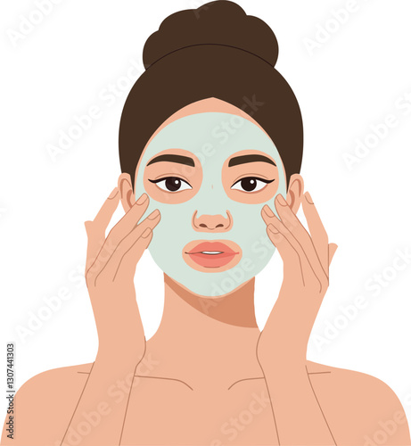 Obraz na płótnie Woman applying a soothing green face mask while enjoying a self-care routine in a minimal flat design vector illustration w salonie