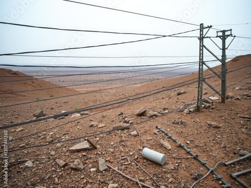 Wires strung across a barren, rocky terrain with a minefield in the distance, danger, danger zone, hazardous materials