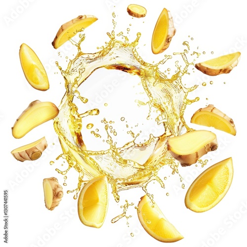 Ginger Ale Splash with Lemon and Ginger Pieces in a Circular Composition for Beverage Photography