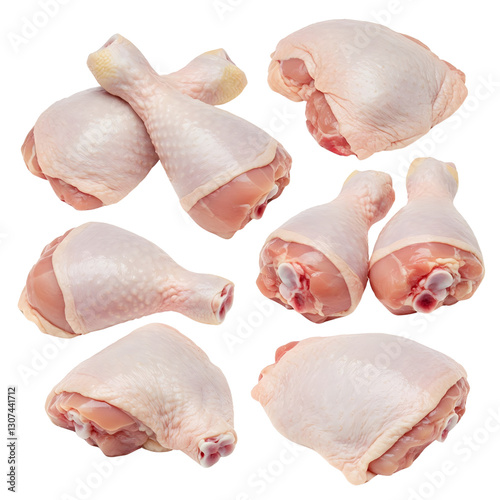 Raw chicken thighs, including thighs and drumsticks, skin-on and bone-in, displayed on a white background.
