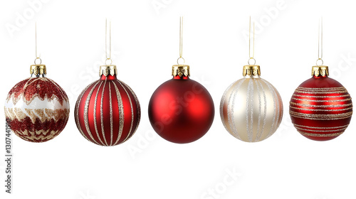 Five Red and Gold Ornaments Hanging, Isolated on White Background
