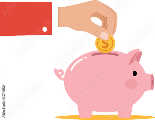 Hand inserting a coin into a pink piggy bank in a flat and minimal vector illustration representing savings and financial planning