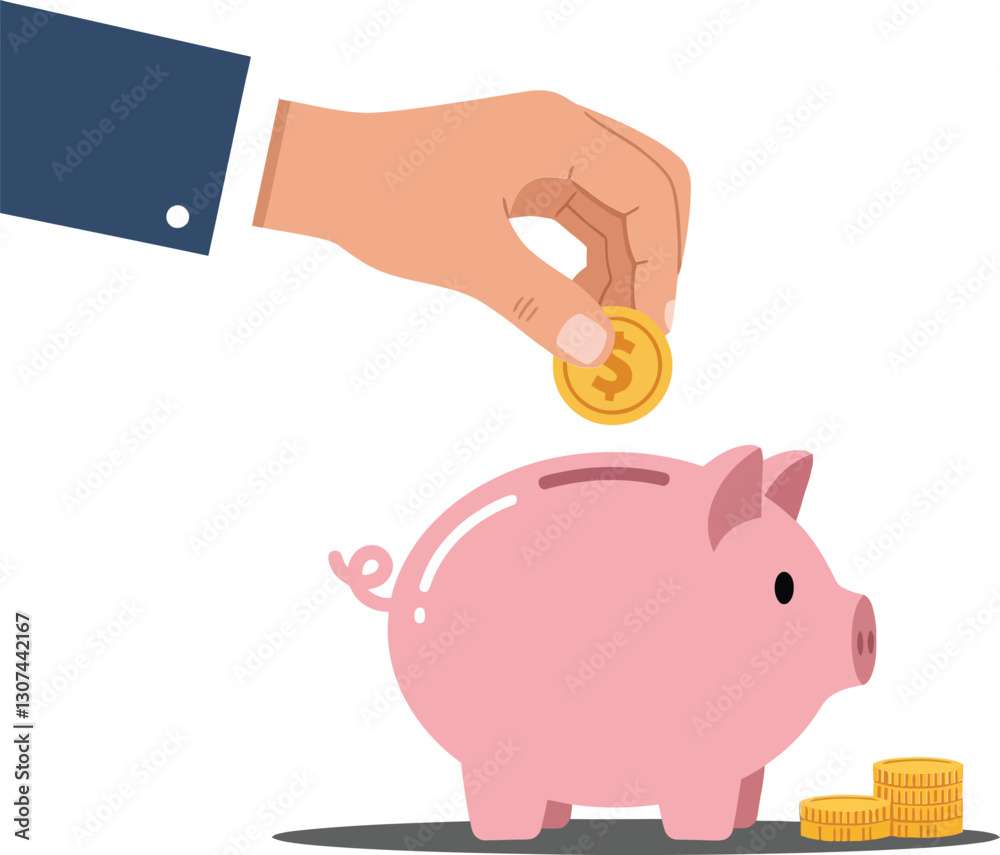 A hand depositing a gold coin into a pink piggy bank in a flat design style showcasing savings and financial growth in vector art