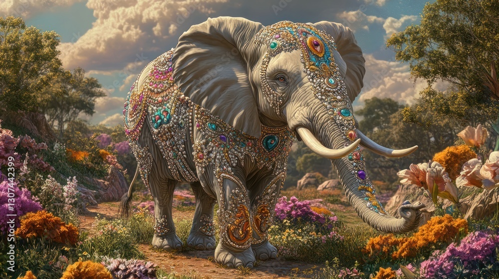 Fototapeta premium Ornate Elephant in Floral Meadow