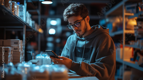 A young man sits in a dimly lit warehouse, focused on his smartphone. Shelves filled with items surround him, creating a modern work environment.