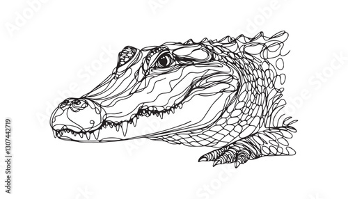 Continuous one single minimal line drawing crocodile