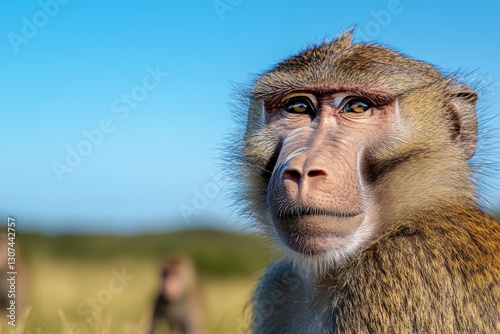 A baboon leader standing tall, watching over its troop as they traverse the savanna