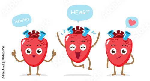 Happy healthy heart . Set of cute medical cartoon characters . Isolated on white background . Vector .