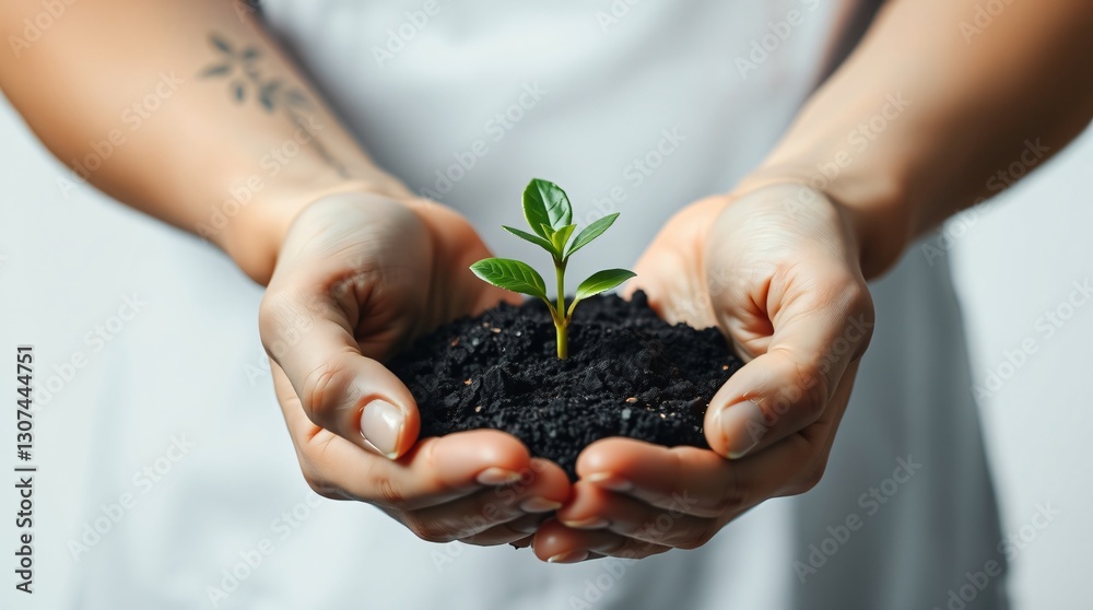 Graceful hands cradling a sprouting green seedling in dark soil Graceful hands cradling a sprouting green seedling in dark soil