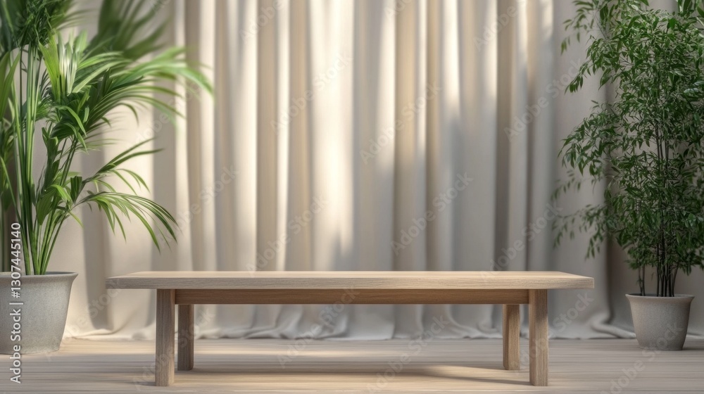 Fototapeta premium An inviting wooden table stands empty, surrounded by soft curtains and vibrant plants. The blurred background enhances the calm atmosphere, perfect for a cozy gathering or reflection