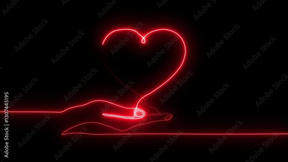 Glowing neon one line hand plant continuous drawing holding heart palm animation, neon one Line drawing love, Line drawing love animation on black background