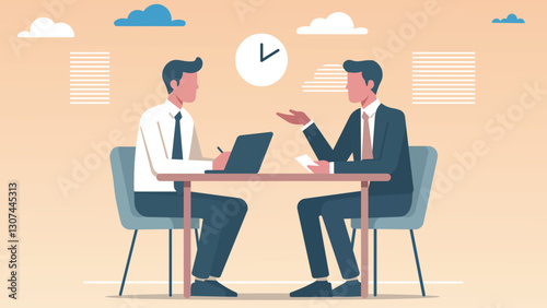 Job interview conversation. HR manager and employee candidate meeting and talking. Man and woman sitting at table and discussing career. ideal for hiring, career themes, recruitment campaigns, job.