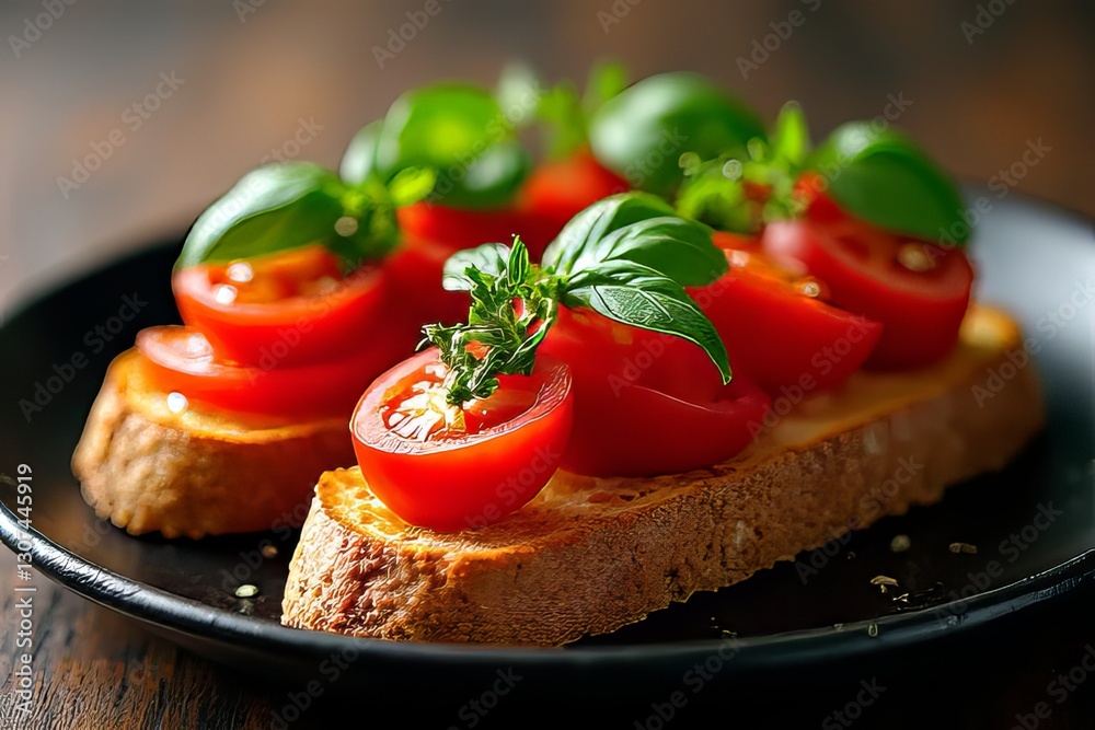 Delicious Tomato Bruschetta with Fresh Basil on Toasted Bread Delicious Tomato Bruschetta with Fresh Basil on Toasted Bread