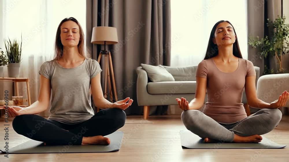 Two women sitting cross legged, breathing deeply during peaceful meditation session indoors