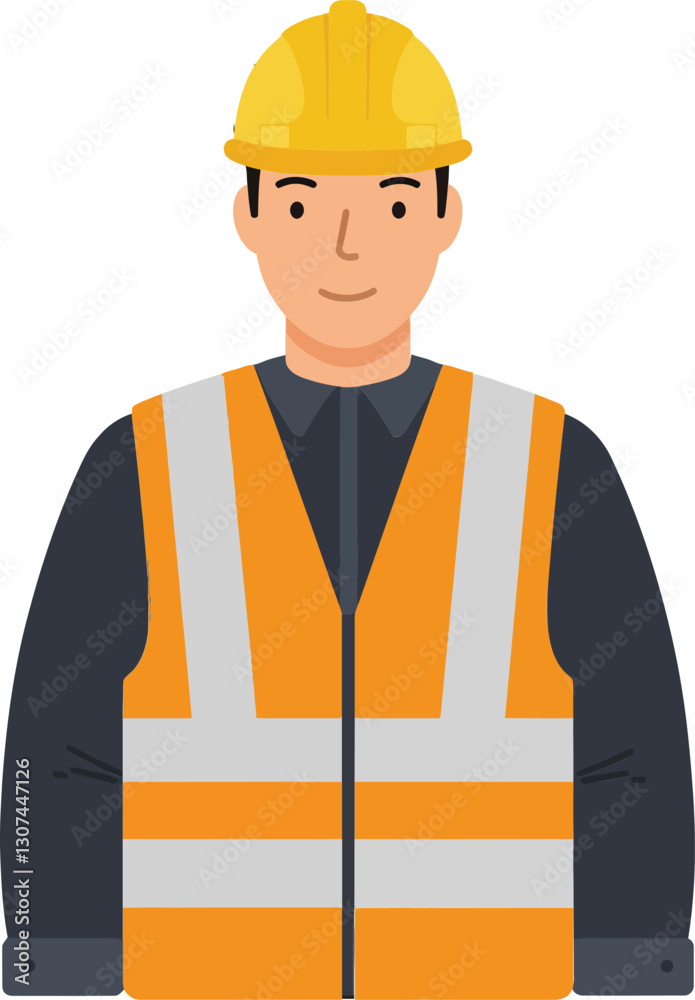 Construction worker wearing a safety helmet and reflective vest in a minimal, flat design style, showcasing professionalism and diligence in vector art Construction worker wearing a safety helmet and reflective vest in a minimal, flat design style, showcasing professionalism and diligence in vector art