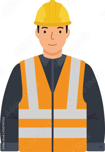 Construction worker wearing a safety helmet and reflective vest in a minimal, flat design style, showcasing professionalism and diligence in vector art