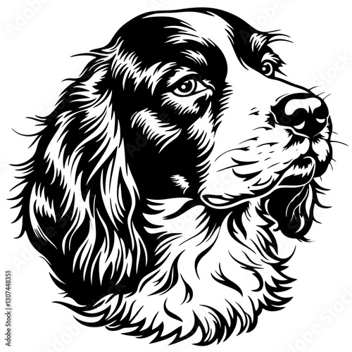 american water spaniel Black and white cocker spaniel portrait with detailed pen and ink style art design