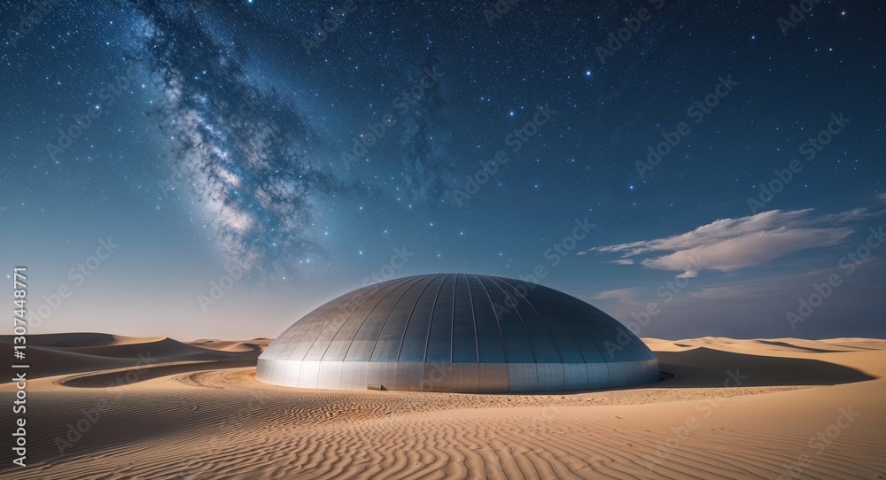 circular dome in the middle of the desert on a starry night. circular dome in the middle of the desert on a starry night.