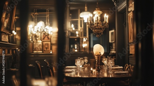 Elegant Dining Room, Ornate Chandeliers, Dark Interior,  Dinner Table Set photo