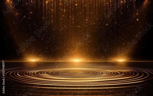 Vibrant golden particles create a dramatic stage-shaped backdrop.