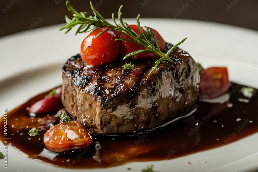 Filet mignon steak on plate, served with tomatoes, rosemary, and rich brown sauce on a clean, white background Filet mignon steak on plate, served with tomatoes, rosemary, and rich brown sauce on a clean, white background