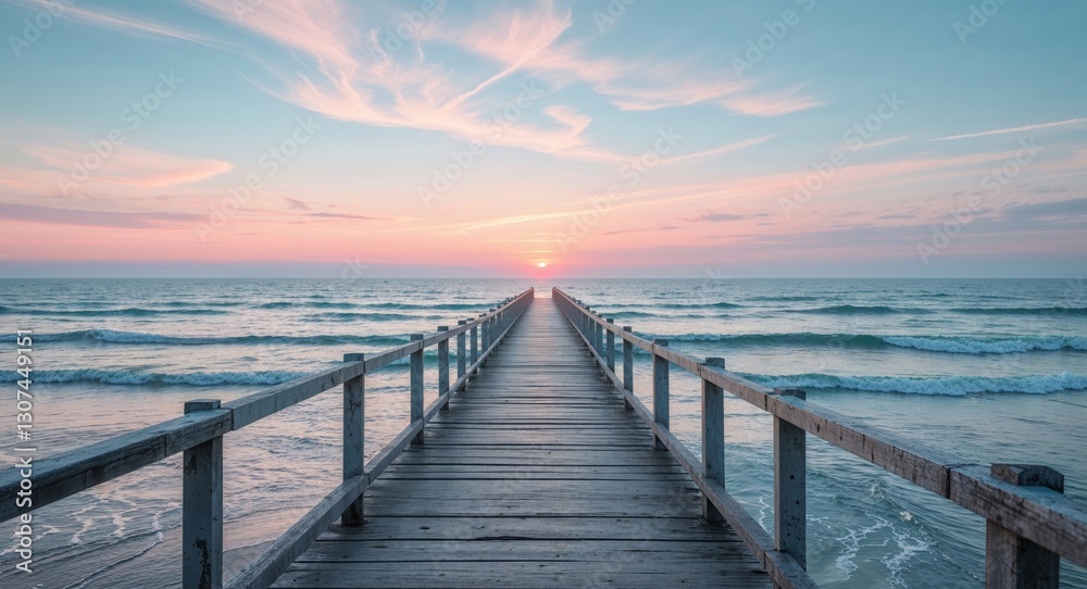 A serene seaside walkway leading to the ocean with the sun setting on the horizon casting a golden reflection on the water. A serene seaside walkway leading to the ocean with the sun setting on the horizon casting a golden reflection on the water.