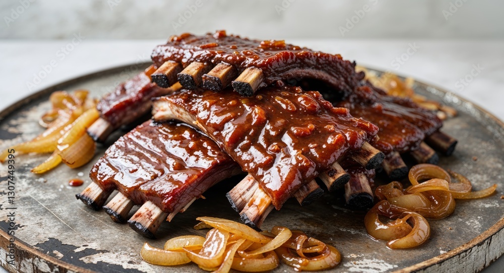 Fototapeta premium Savory barbecue ribs served with onions on a rustic wooden platter