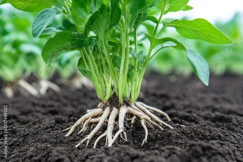 A close-up of plant roots thriving in aerated soil after applying a conditioner