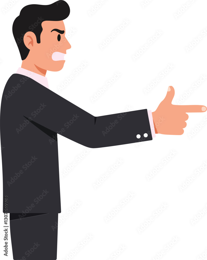 Businessman in a black suit gesturing emphatically with a serious expression in a minimal and flat design vector art Businessman in a black suit gesturing emphatically with a serious expression in a minimal and flat design vector art