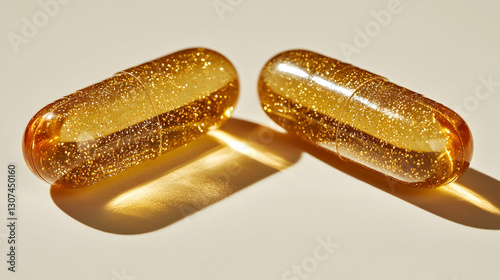 Two Shiny Gold Capsules on Beige Background