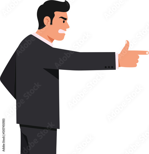 Businessman in a black suit passionately pointing his finger in a flat and minimal design style vector illustration