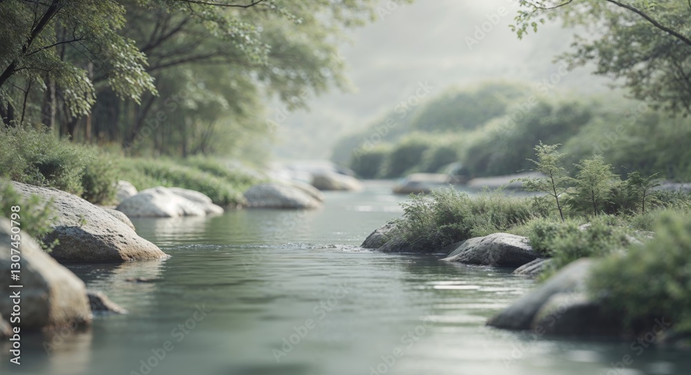 Rocky stream flowing through a natural landscape with vegetation along the banks and calm water in the background near a river Copy Space Rocky stream flowing through a natural landscape with vegetation along the banks and calm water in the background near a river Copy Space