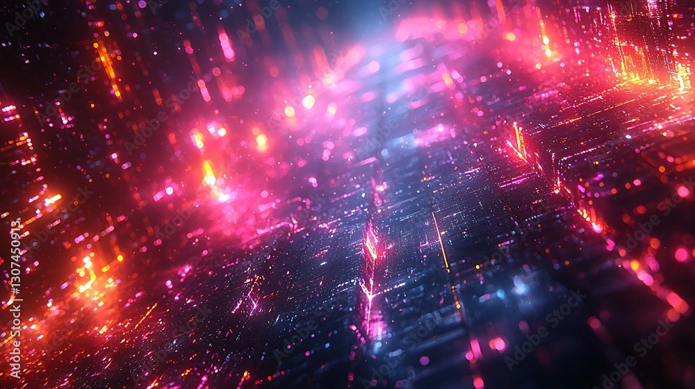 Fototapeta premium Abstract Digital Network Background with Pink and Orange Glowing Light Effects