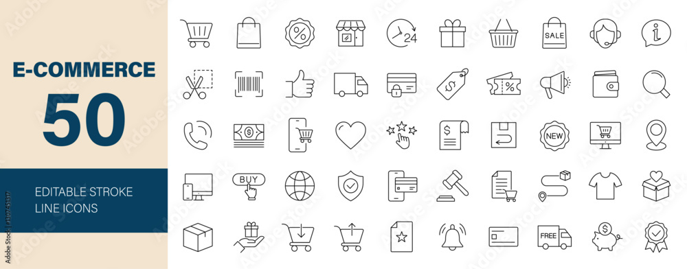 E-commerce icon set. Online shopping related icons: marketing, payment methods, delivery, customer service, price, sale, promotion and more. Editable line icons. Vector illustration.