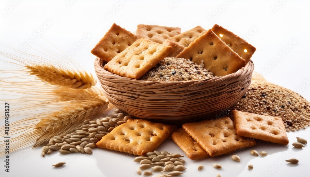 crackers and grains on white background