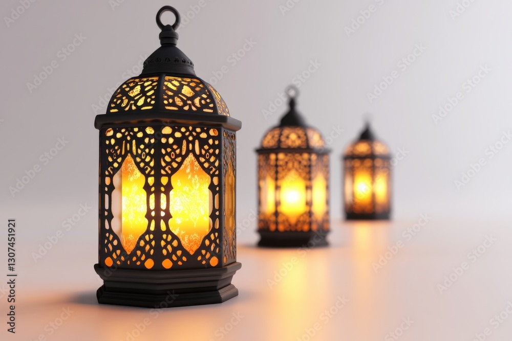 Fototapeta premium 3D Ramadan Lanterns Glowing Softly on White Background