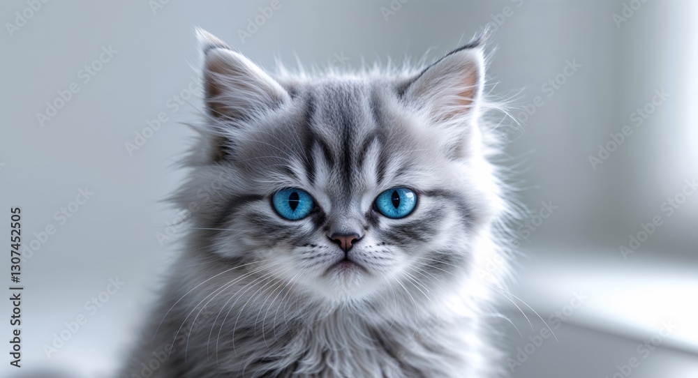 Obraz premium Fluffy gray kitten with blue eyes looking grumpy