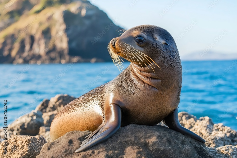 Naklejka premium California sea lion relaxing on a sun warmed rock by the ocean, enjoying the serene coastal environment on a bright, sunny day
