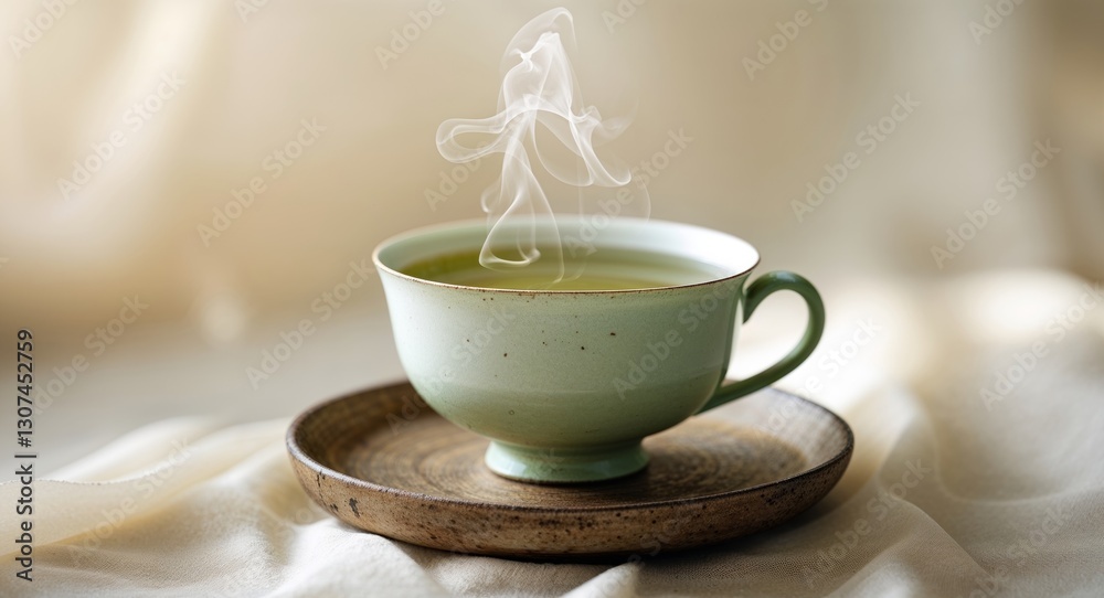 Green tea in ceramic cup on wooden tray with natural light Green tea in ceramic cup on wooden tray with natural light