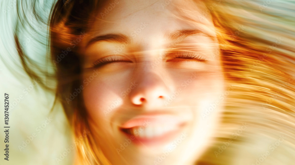 Naklejka premium Radiant young caucasian female with windswept hair and joyful expression