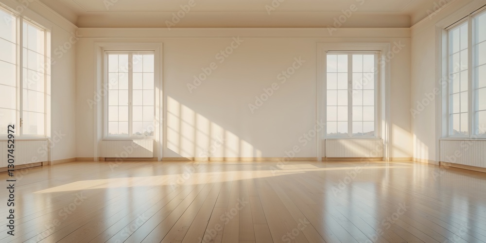 Obraz premium Sunlit Empty Room With Large Windows and Hardwood Floor