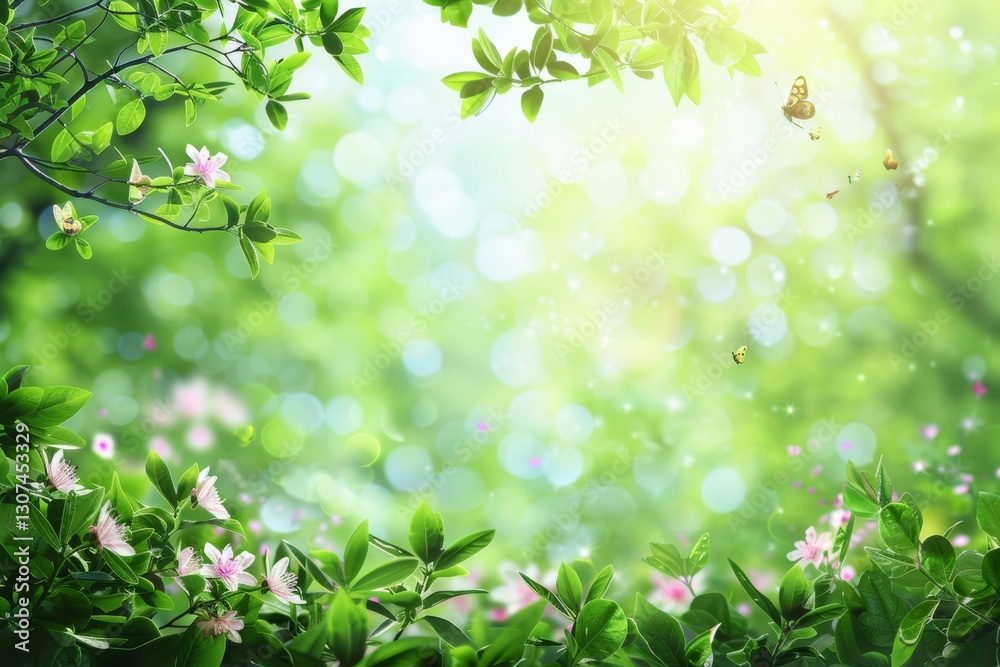 Lush greenery and blossoming flowers in sunny nature scene Lush greenery and blossoming flowers in sunny nature scene