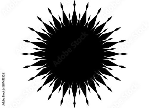 Round design element with fire rays, black on white background. Sun, flower. Vector background. Modern pattern